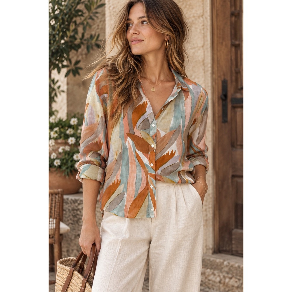 Sézane Pierro Shirt Leaves Print Size 34 XS Cotton Button Down Boho Botanical